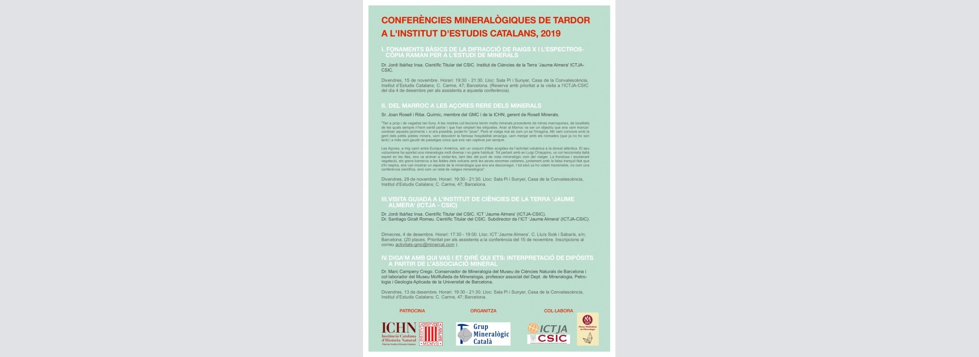 Conferències mineralògiques de tardor a l'Institut d'Estudis Catalans 2019